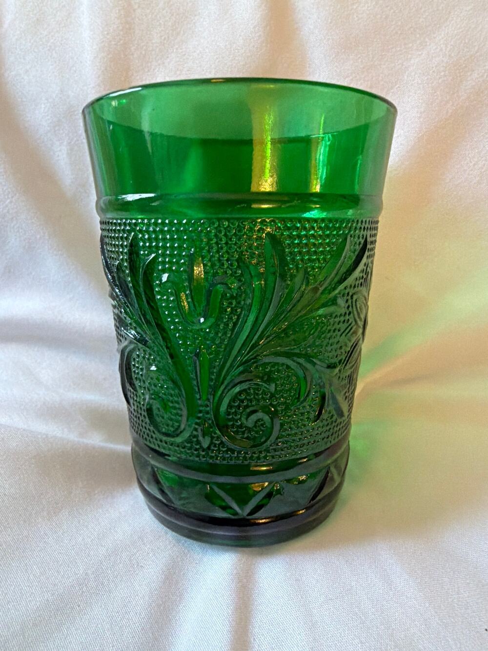 Vintage Emerald Green Pressed Glass Tumbler Floral Scroll Pattern Drinking Glass